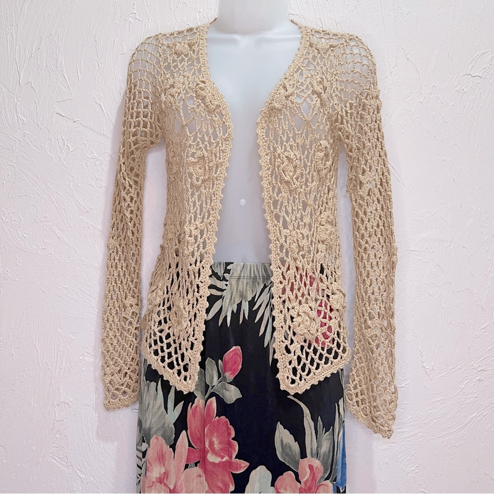 Vintage 2000s Floral Crochet Cardigan Womens S M Boho Y2k Lightweight Sweater